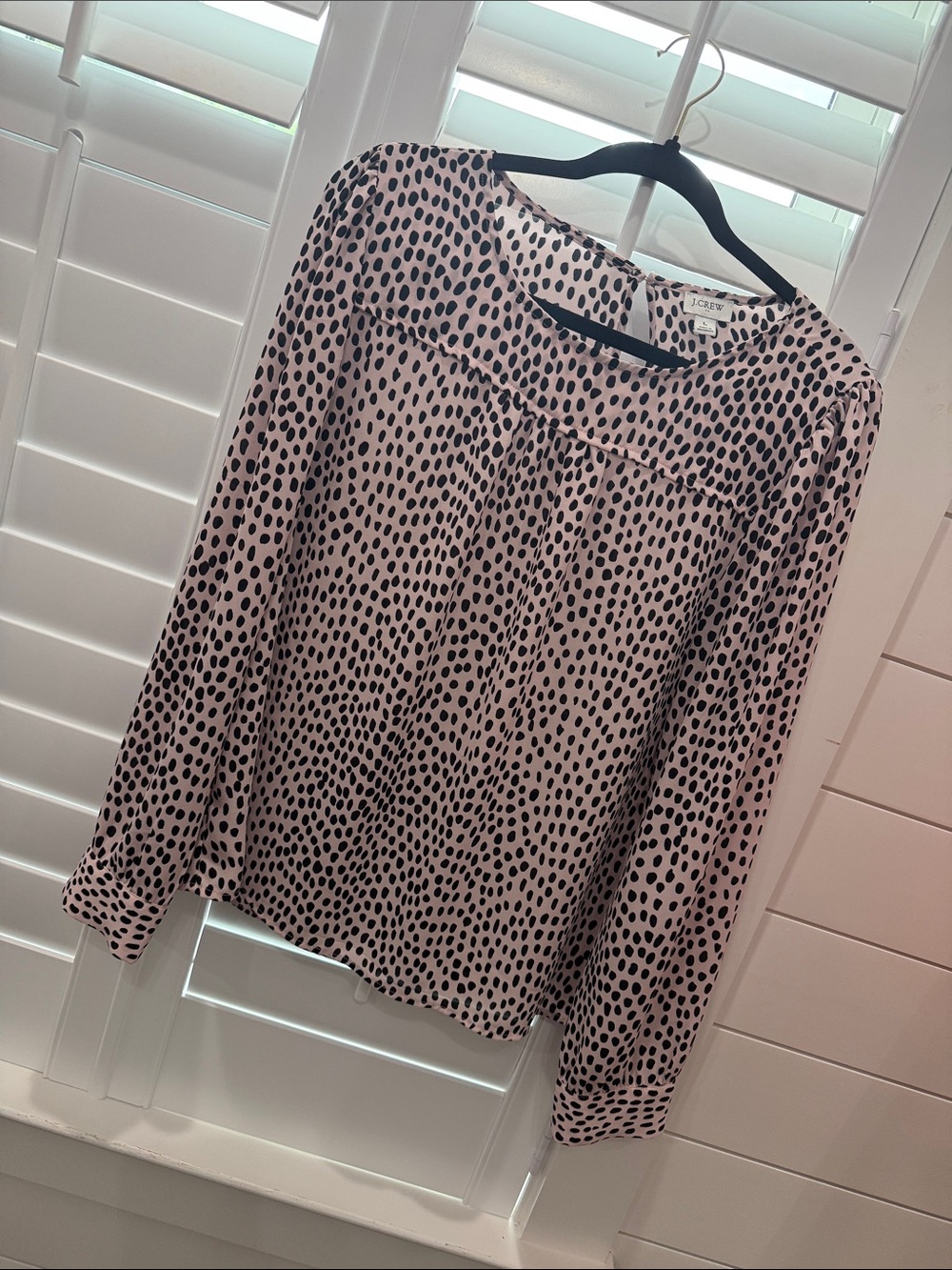 J. Crew Blush Pink & Black Dot Print Long Sleeve Blouse | Size L